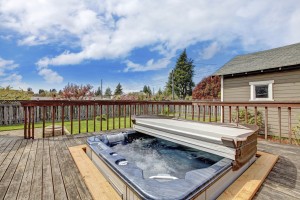 Backyard deck with hot tub